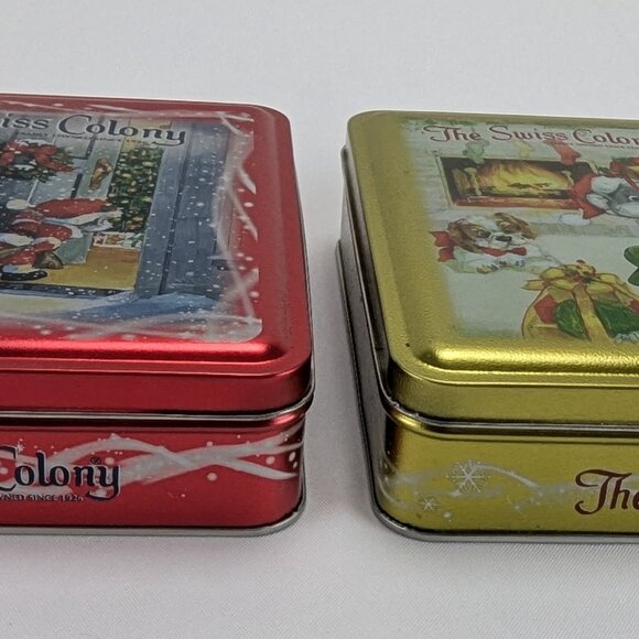 The Swiss Colony Metal Tin Lot of 2 Red Gold Santa Mouse Christmas Square Empty - Picture 2 of 16